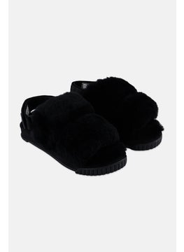 SHAKA Women Weekend Mouton Velcro Faux Fur Sandals, Black  - Image 1