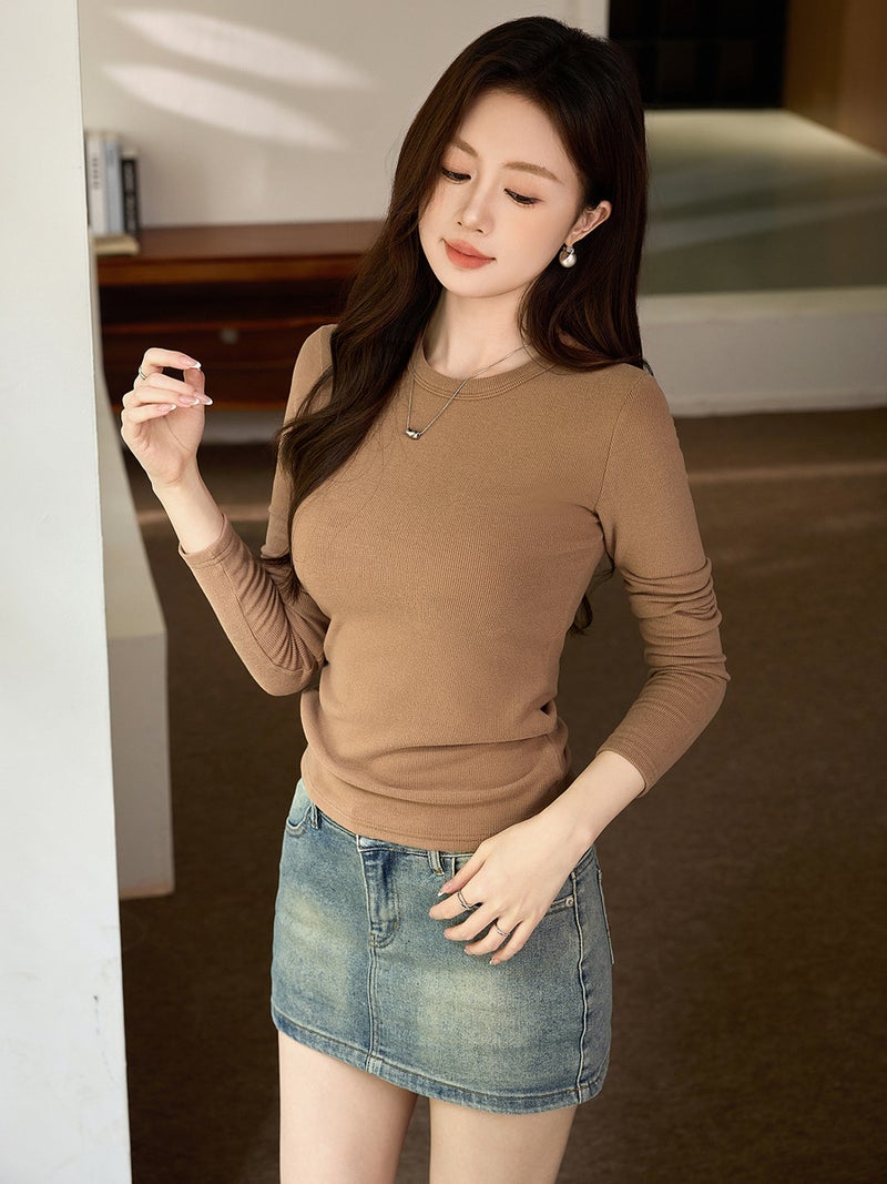 # Double-Sided Brushed # Fine Mousse Cashmere Soft Waxy T-Shirt Women'S Long-Sleeved 2025 Inner Layering Shirt - Image 3