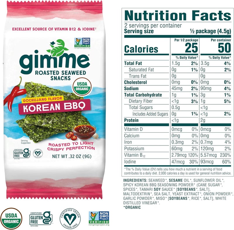 Gimme وجبات خفيفة من الأعشاب البحرية المحمصة بنكهة الشواء الكوري - 12 قطعة - Image 2