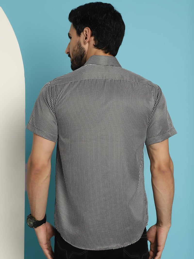 Indian Needle Black Cotton Striped Casual Shirt for Mens. (Black, S) - Image 2
