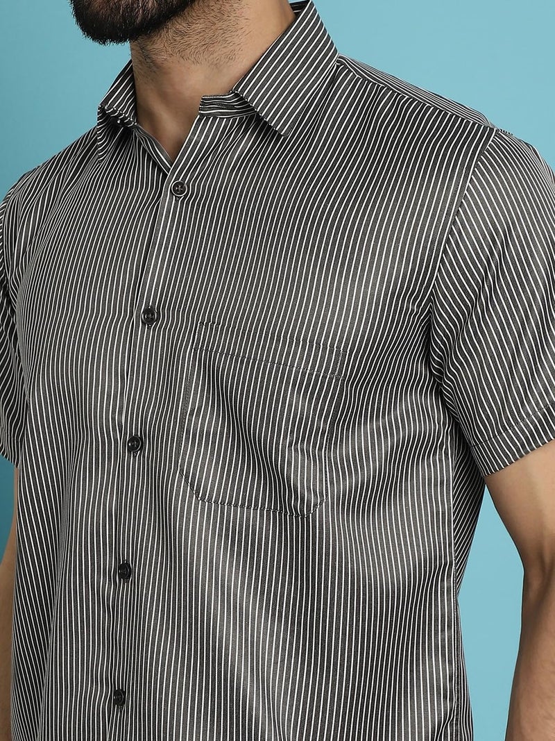 Indian Needle Black Cotton Striped Casual Shirt for Mens. (Black, S) - Image 5