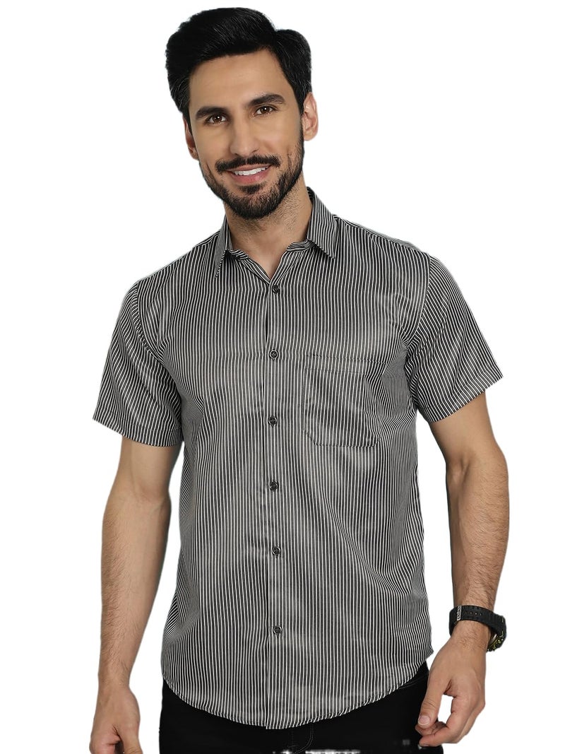 Indian Needle Black Cotton Striped Casual Shirt for Mens. (Black, S) - Image 1