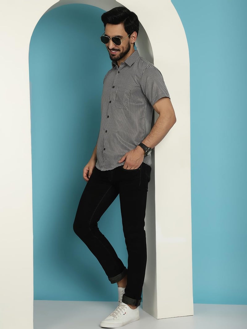 Indian Needle Black Cotton Striped Casual Shirt for Mens. (Black, S) - Image 4