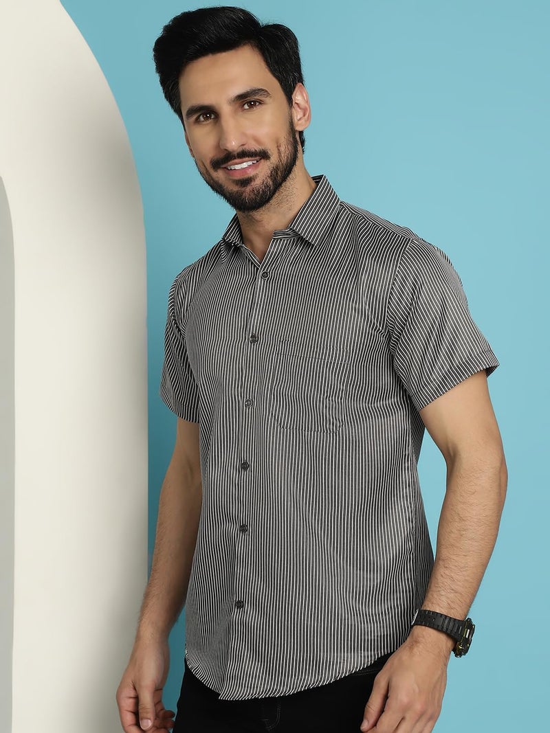 Indian Needle Black Cotton Striped Casual Shirt for Mens. (Black, S) - Image 3
