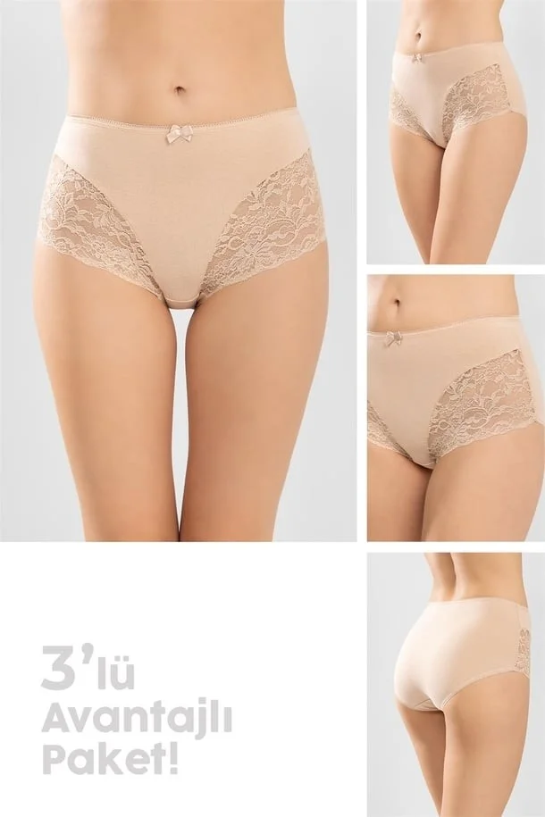 Baykar Women's High Waist Lace Side Panties 3-Piece Set 8924 Skin Color
