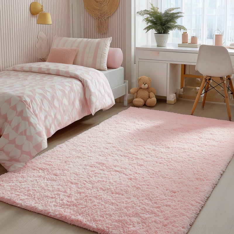 PAGISOFE 3x5 Pink Fluffy Shag Area Rugs for Bedroom, Bedside Preppy Dorm Area Rug, Soft Fuzzy Shaggy Rugs for Living Room Girls/Kids Bedroom Nursery Home Decor, Anti-Skid Durable Rectangular Fuzzy Rug - Image 1