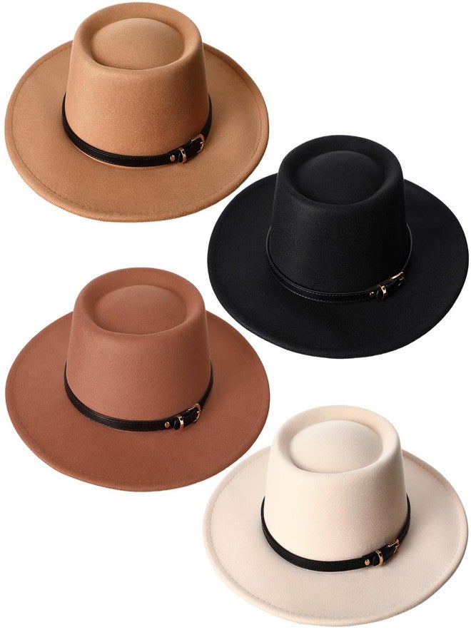 JaGely 4 Pcs Felt Hats for Women Wide Brim Felt with Belt Buckle Vintage Panama Boho Jazz Hat for Burning Wedding Tea Party (Khaki,Black,Brown,Beige with Black Belt) - Image 1