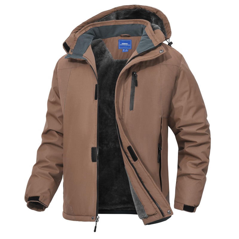 Zoofly Winter Jackets Mens Warm Fleece Windproof Skiing Coats for Men Waterproof Outdoor Jacket with Hooded Brown M - Image 1