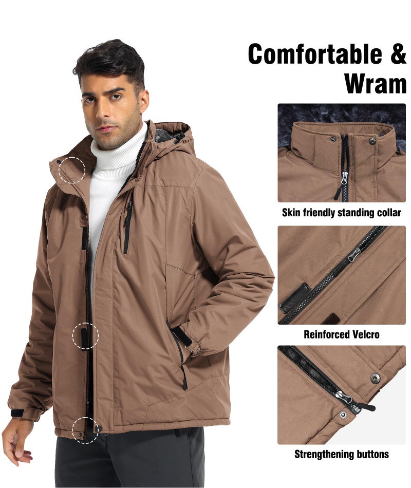 Zoofly Winter Jackets Mens Warm Fleece Windproof Skiing Coats for Men Waterproof Outdoor Jacket with Hooded Brown M - Image 2