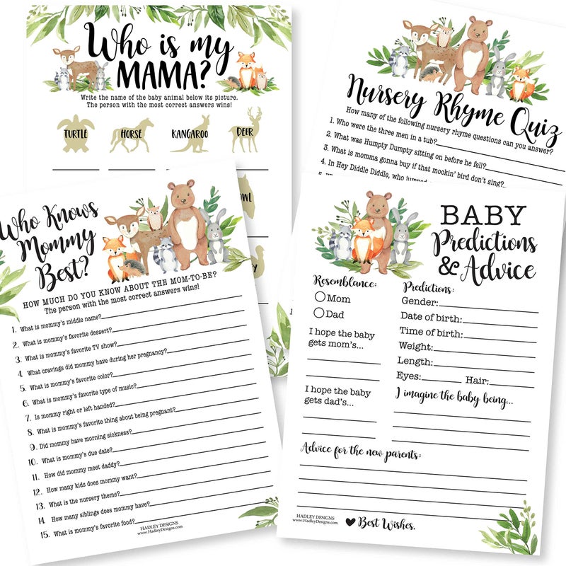 Hadley Designs Hilarious Baby Shower Games Set  50 DoubleSided Cards for 25 Guests 4 Games Baby Predictions and Advice Nursery Rhyme Who Knows Mommy Best for Gender Neutral Woodland