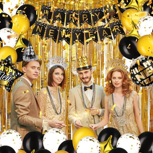 Chitidr 300 Pcs 100 Set Happy New Year Party Kit 2026 New Year Decoration Favors Years Eve Party Supplies for 100 Guest Include Black Gold Sliver Top Hats Tiaras Headbands Bead Necklace Noisemaker - Image 5