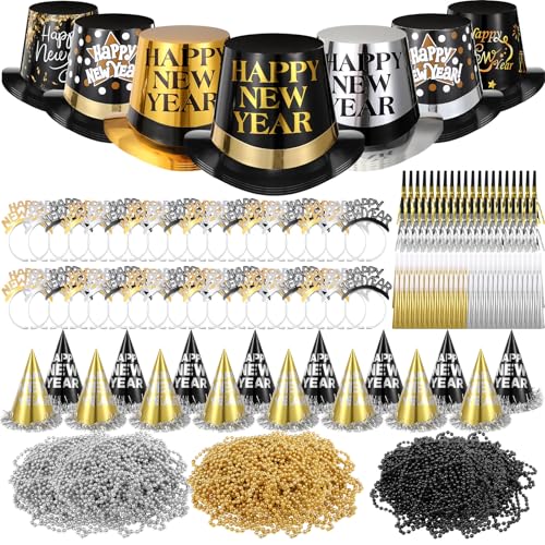 Chitidr 300 Pcs 100 Set Happy New Year Party Kit 2026 New Year Decoration Favors Years Eve Party Supplies for 100 Guest Include Black Gold Sliver Top Hats Tiaras Headbands Bead Necklace Noisemaker - Image 1