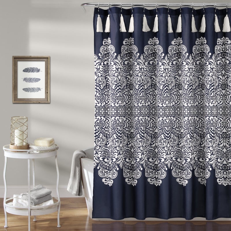 Lush Decor Boho Medallion Shower Curtain - Fabric Bohemian Damask Print Design with Tassels, 72" x 72", Navy - Image 1