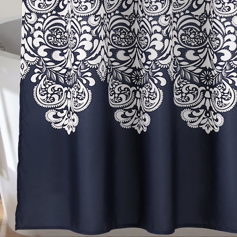 Lush Decor Boho Medallion Shower Curtain - Fabric Bohemian Damask Print Design with Tassels, 72" x 72", Navy - Image 4