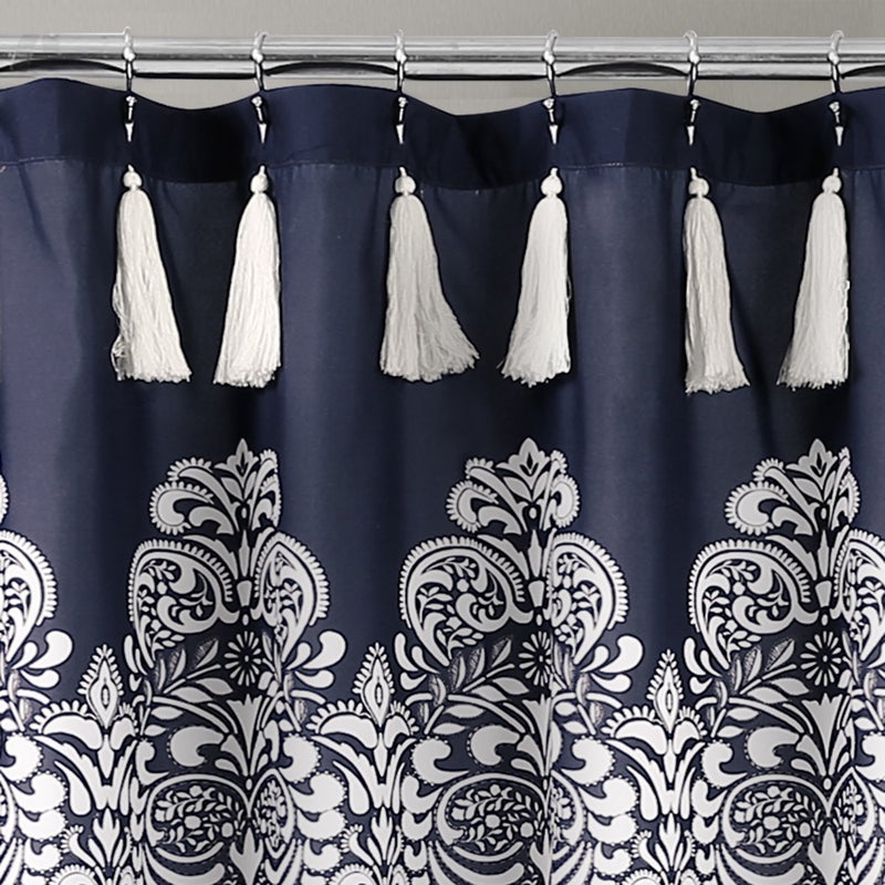 Lush Decor Boho Medallion Shower Curtain - Fabric Bohemian Damask Print Design with Tassels, 72" x 72", Navy - Image 2