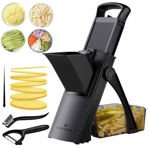 ONCE FOR ALL Safe Mandoline Slicer For Kitchen, Biger Size, Adjustable Vegetable Chopper Food Slicer Potato French Fry Cutter with Peeler, Detachable, Kitchen Chopping Artifact (Black) - Image 1
