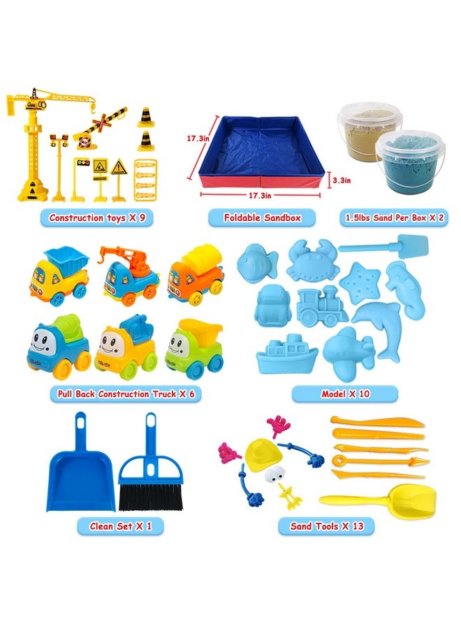 ESSENSON Play Construction Sand Kit - 3lbs Sand with 2 Colors, 6 Mini Construction Trucks, Construction Toys and Signs, Animal Mold, Modeling Tools, Foldable Sandbox, Gifts for Boys Girls - Image 2