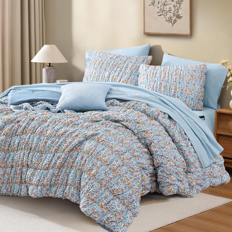 BLOOMHAVEN King Comforter Set - 7 Pieces Blue Classic Puff Floral Bedding Sets for All Seasons, Shabby Chic Farmhouse Bed in a Bag King with Wildflowers Fluffy Comforter, Sheets, Pillowcases & Shams - Image 1