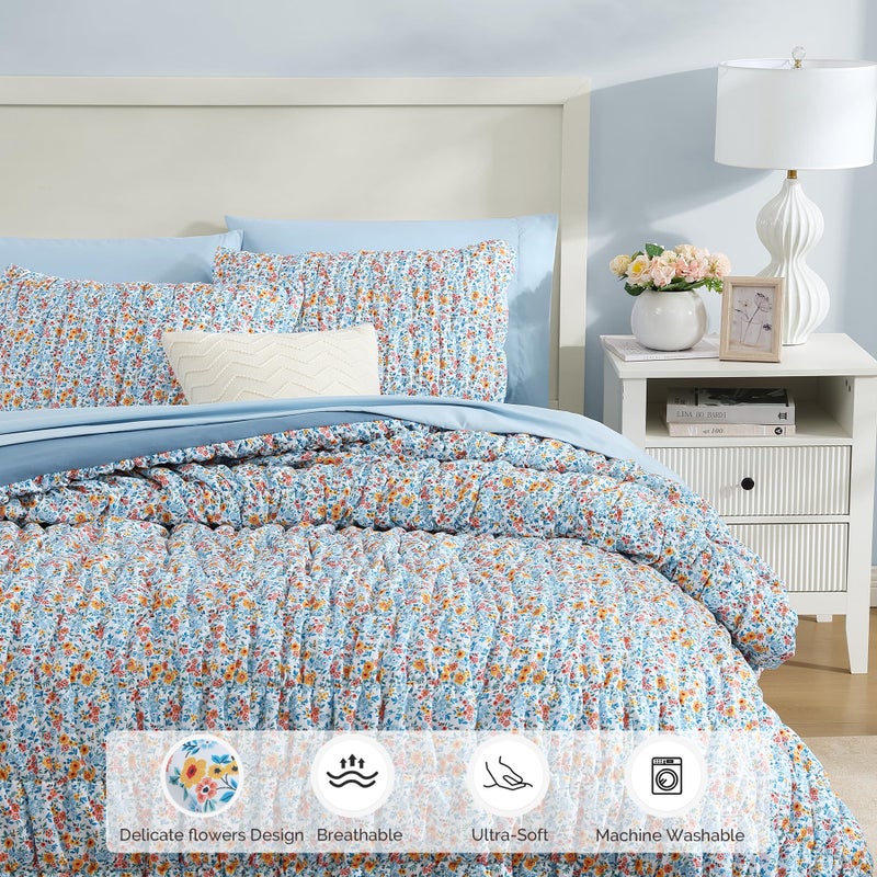 BLOOMHAVEN King Comforter Set - 7 Pieces Blue Classic Puff Floral Bedding Sets for All Seasons, Shabby Chic Farmhouse Bed in a Bag King with Wildflowers Fluffy Comforter, Sheets, Pillowcases & Shams - Image 4