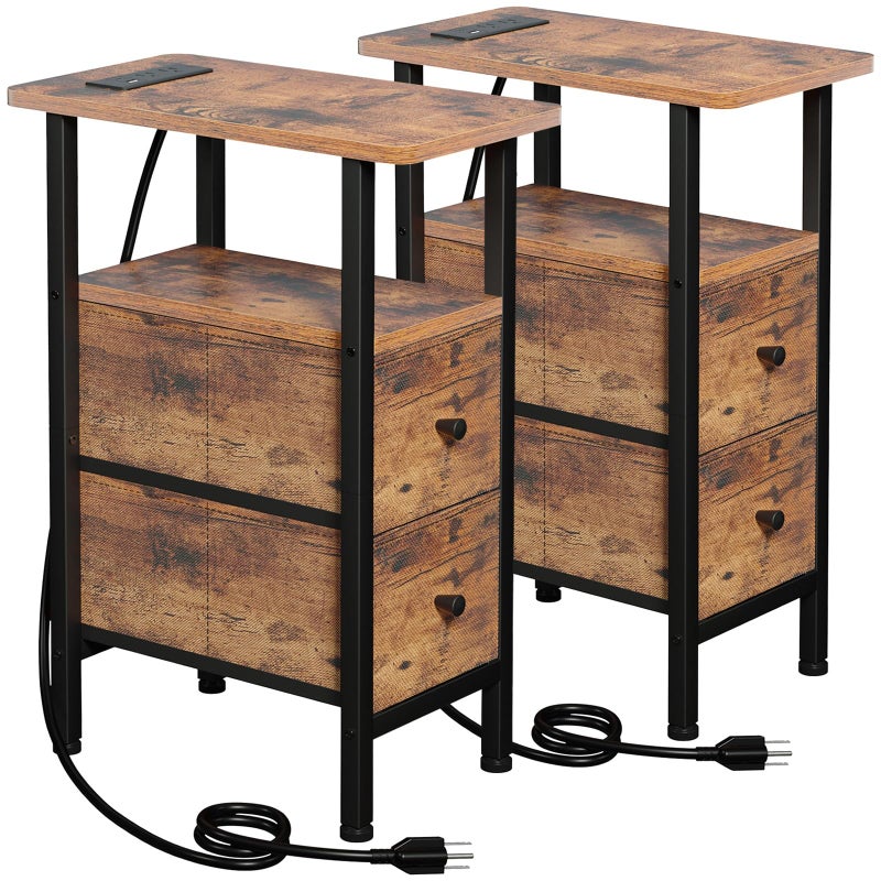 LOAKEKEL Narrow Nightstand with Charging Station, End Tables Living Room Set of 2, Skinny Side Table with Fabric Drawers, Slim Sofa Table for Bedroom, Small Spaces, Couch, Rustic Brown, HETNDP02PBR - Image 1