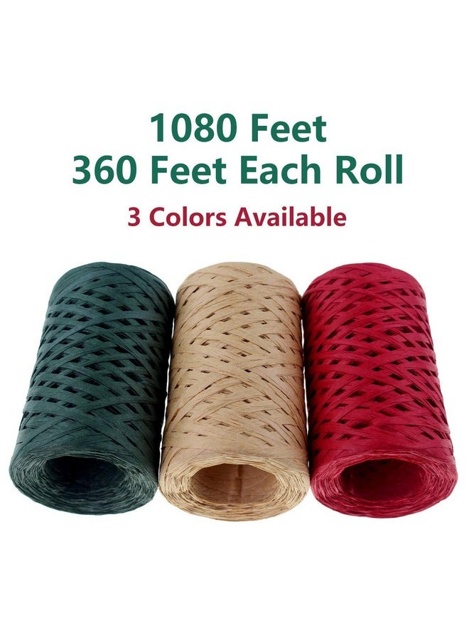 Creatrill - Raffia Ribbon Red Green Natural 3 Rolls 1080 Feet 360 Feet Each Roll Paper Twine Wrapping Ribbon For Christmas - Image 1