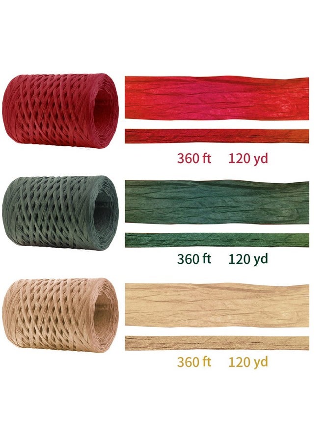 Creatrill - Raffia Ribbon Red Green Natural 3 Rolls 1080 Feet 360 Feet Each Roll Paper Twine Wrapping Ribbon For Christmas - Image 1