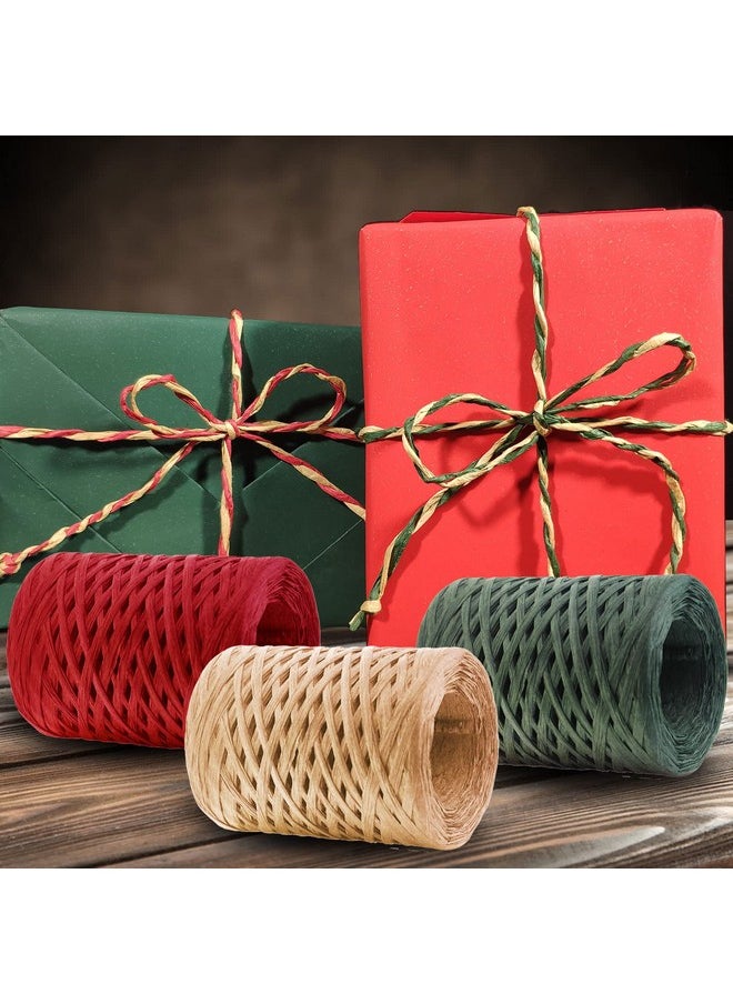 Creatrill - Raffia Ribbon Red Green Natural 3 Rolls 1080 Feet 360 Feet Each Roll Paper Twine Wrapping Ribbon For Christmas - Image 1