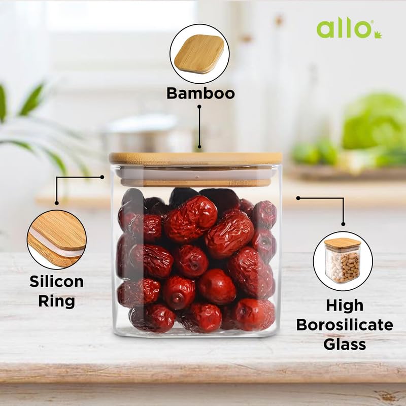 Allo 300ML Kitchen Storage Box Glass Jars With Wooden Lids - Borosilicate Glass Food Storage Containers Airtight Glass Jar For Tea, Coffee, Spice, Pulses, Masala (Square Glass Jar - Set of 5) - Image 2