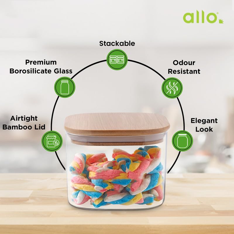 Allo 300ML Kitchen Storage Box Glass Jars With Wooden Lids - Borosilicate Glass Food Storage Containers Airtight Glass Jar For Tea, Coffee, Spice, Pulses, Masala (Square Glass Jar - Set of 5) - Image 4