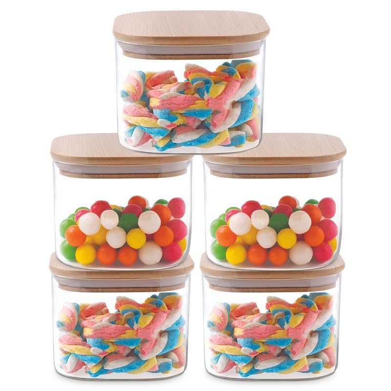 Allo 300ML Kitchen Storage Box Glass Jars With Wooden Lids - Borosilicate Glass Food Storage Containers Airtight Glass Jar For Tea, Coffee, Spice, Pulses, Masala (Square Glass Jar - Set of 5) - Image 1