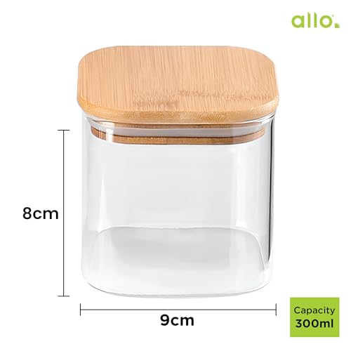 Allo 300ML Kitchen Storage Box Glass Jars With Wooden Lids - Borosilicate Glass Food Storage Containers Airtight Glass Jar For Tea, Coffee, Spice, Pulses, Masala (Square Glass Jar - Set of 5) - Image 3