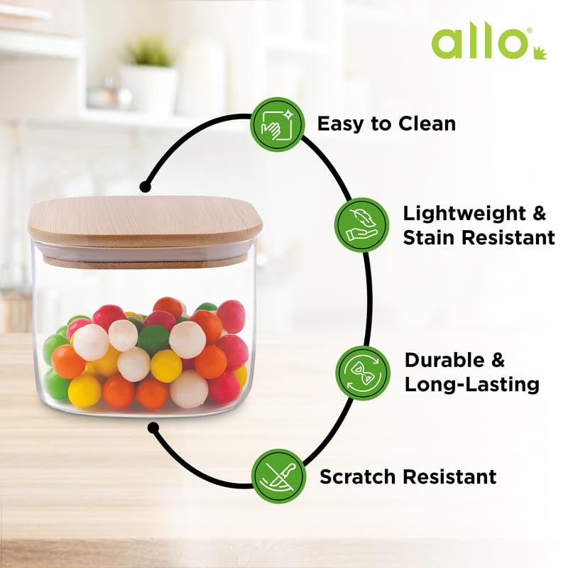 Allo 300ML Kitchen Storage Box Glass Jars With Wooden Lids - Borosilicate Glass Food Storage Containers Airtight Glass Jar For Tea, Coffee, Spice, Pulses, Masala (Square Glass Jar - Set of 5) - Image 5