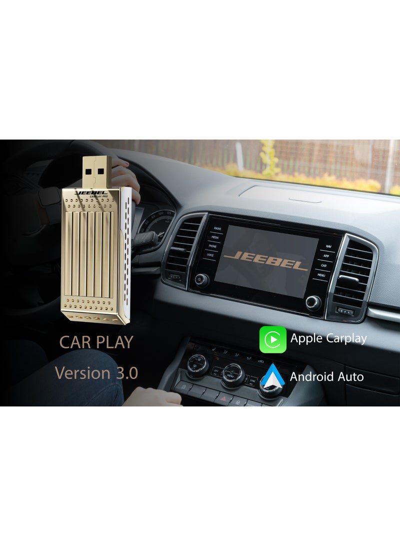 Jeebel CarPlay Pro Gold – Smart USB Adapter that Transforms Your Car Screen into a Wireless Entertainment System | Supports Apple CarPlay & Android Auto | 64GB Storage + 4GB RAM | High-Speed 5G Wi-Fi Connection  - Image 2