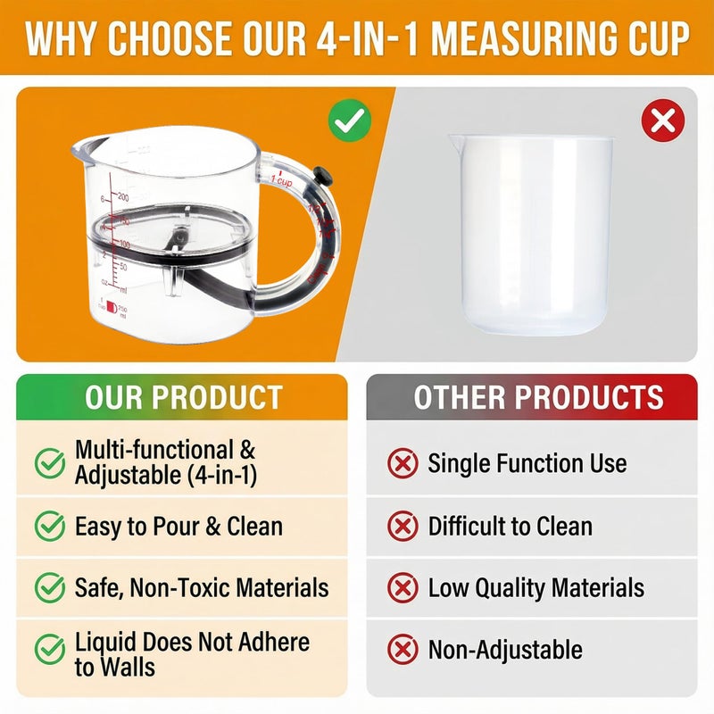 SKAHEE 4-in-1 Adjustable Measuring Cup â€“ Push up bottom and dual scale (ml/oz), suitable for baking, cooking, and laboratory measuring cups - Image 5