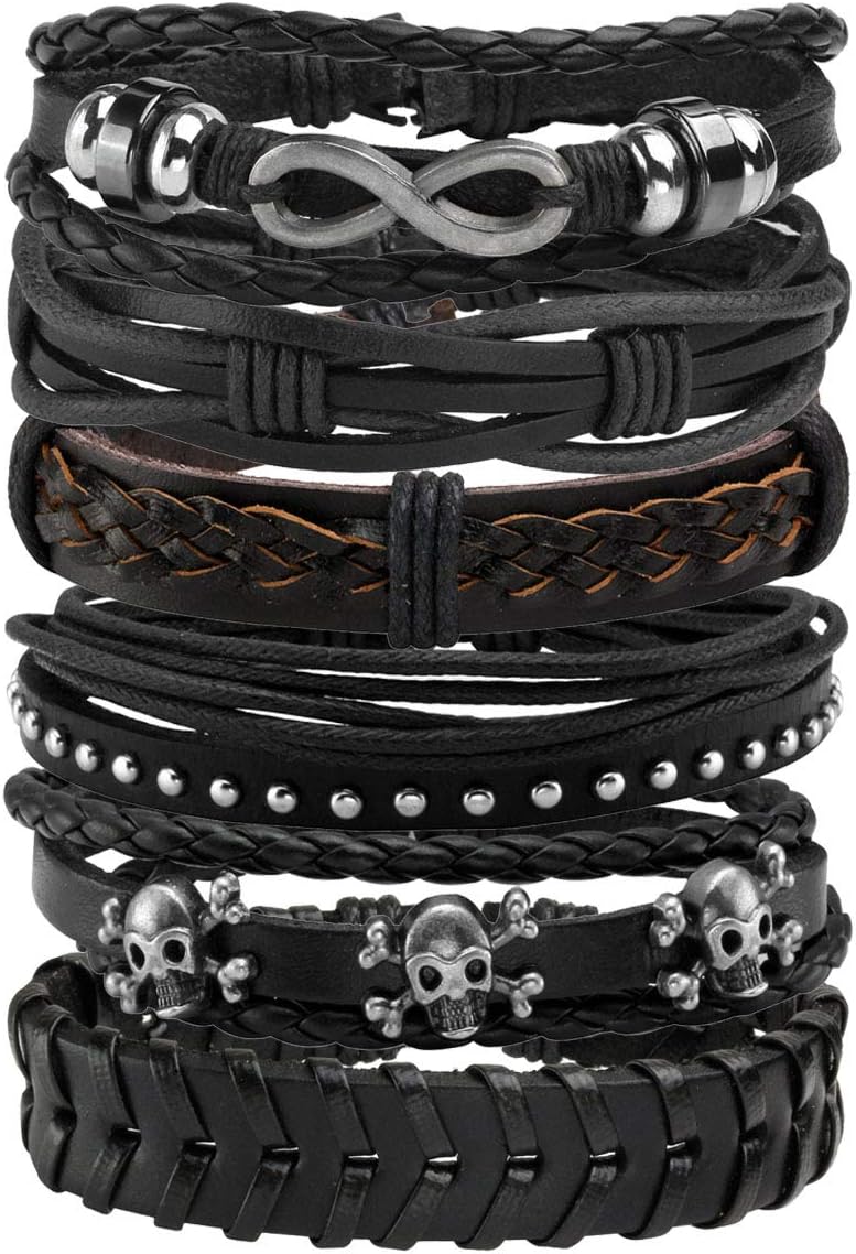 Mafnee Store Manfnee 6-12PCS Braided Faux Leather Bracelet Punk Cuff Wrap Bracelets for Men Women Adjustable - Image 1