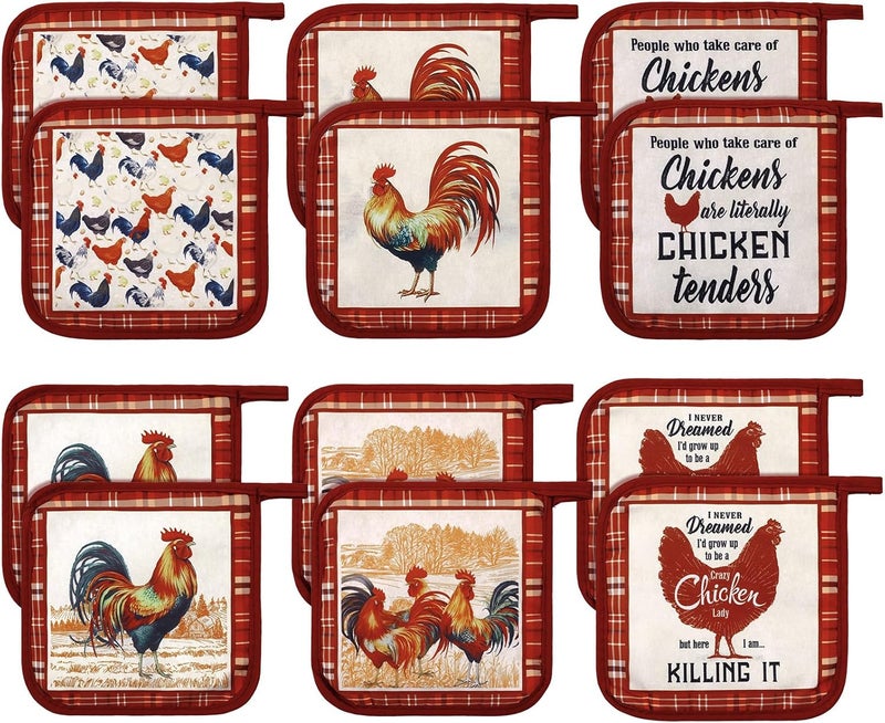 Bencailor Bencailor 12 Pcs Pot Holders with Pocket Kitchen Hot Potholders Hot Pad Oven Mitts Cookie Bag Oven Gloves for Kitchen Gift Baking Cooking Red Rooster  - Image 1