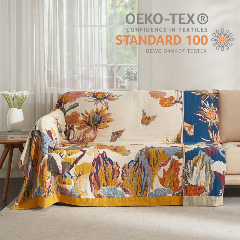 SE SOFTEXLY Boho Throw Blanket for Bed 60â€x80â€, 100% Cotton Woven Blanket for Couch Sofa, Ultra Soft 4-Layer Muslin Quilt with Floral Printed, Farmhouse Bed Blanket/Cover for Living Room Decor - Image 4