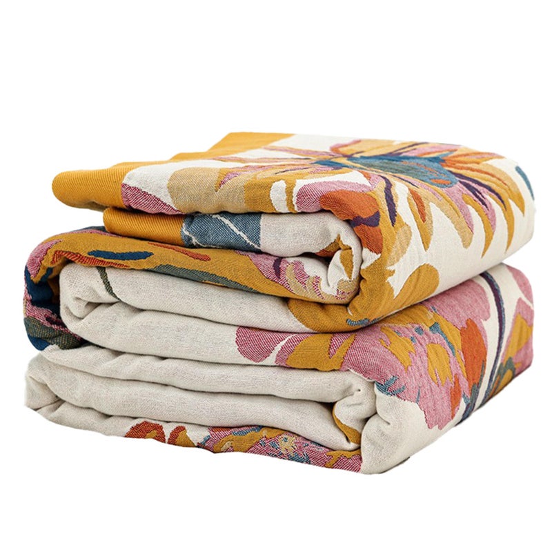 SE SOFTEXLY Boho Throw Blanket for Bed 60â€x80â€, 100% Cotton Woven Blanket for Couch Sofa, Ultra Soft 4-Layer Muslin Quilt with Floral Printed, Farmhouse Bed Blanket/Cover for Living Room Decor - Image 1