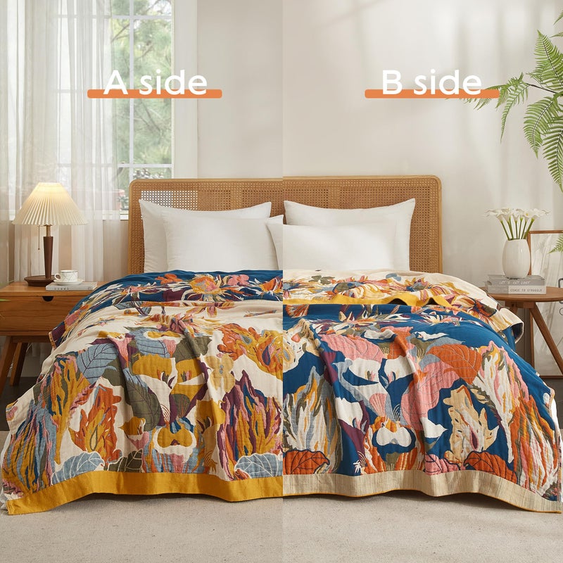 SE SOFTEXLY Boho Throw Blanket for Bed 60â€x80â€, 100% Cotton Woven Blanket for Couch Sofa, Ultra Soft 4-Layer Muslin Quilt with Floral Printed, Farmhouse Bed Blanket/Cover for Living Room Decor - Image 2