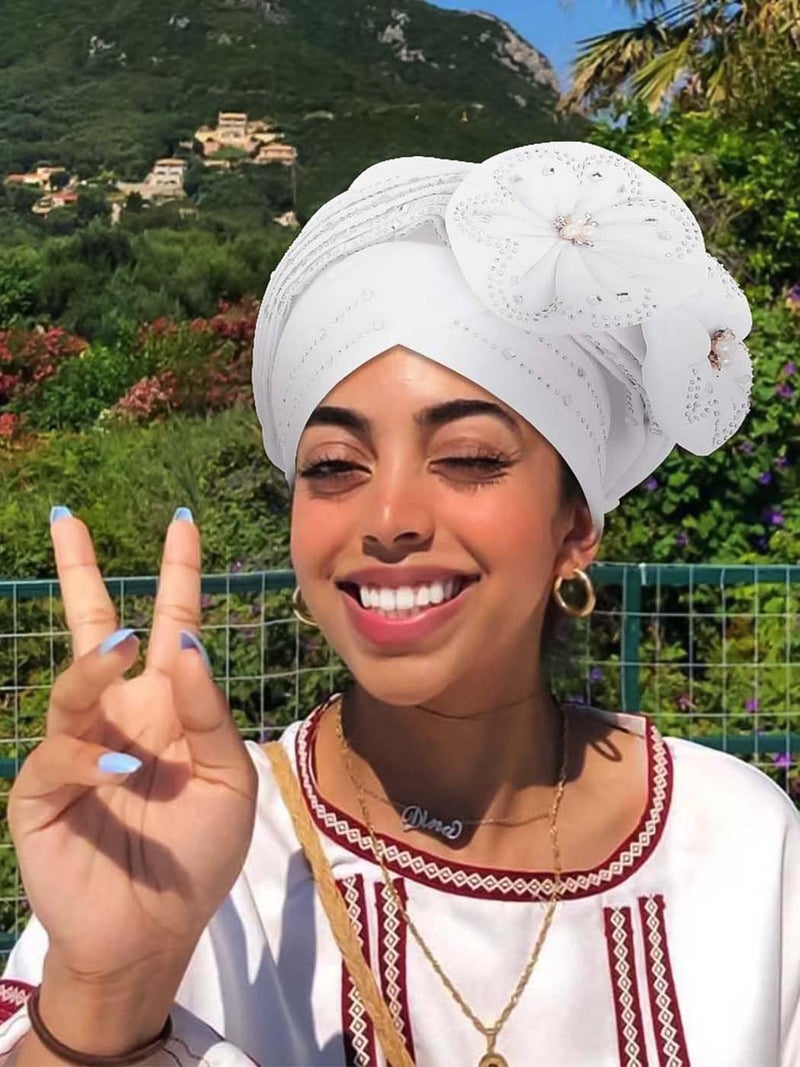 Woeoe African Head Wraps White Flower Turban Rhinestone Headwear for Women - Image 5
