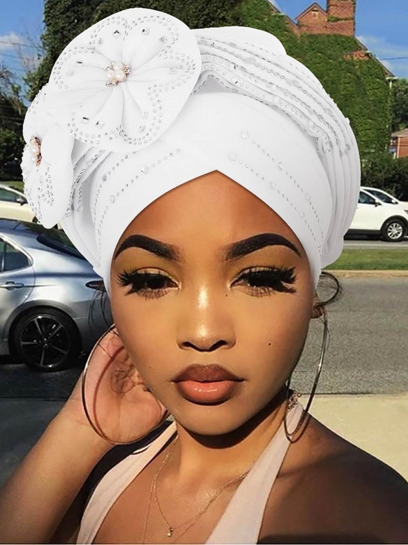 Woeoe African Head Wraps White Flower Turban Rhinestone Headwear for Women - Image 3