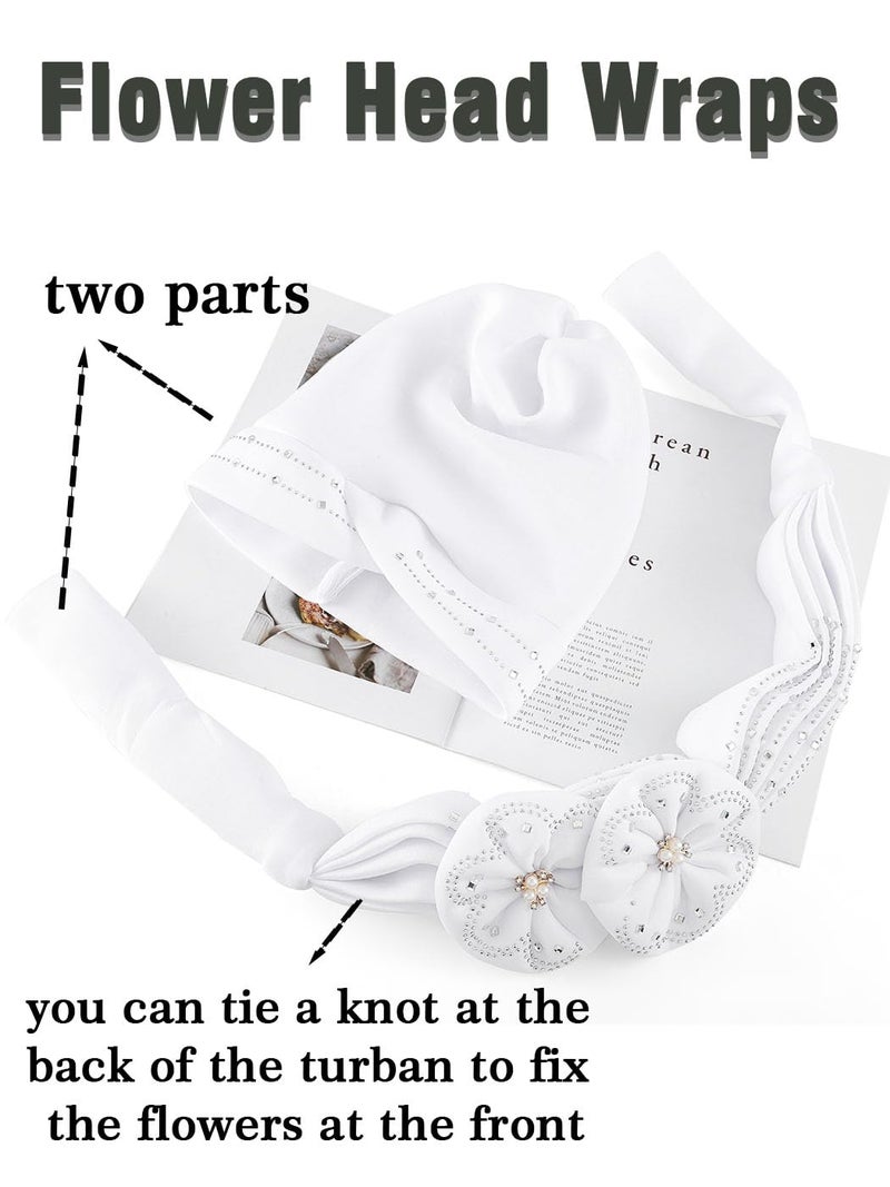 Woeoe African Head Wraps White Flower Turban Rhinestone Headwear for Women - Image 4