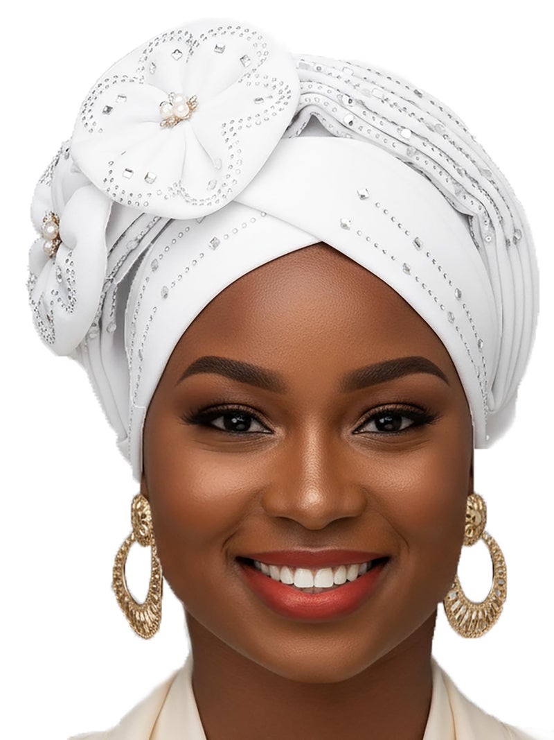 Woeoe African Head Wraps White Flower Turban Rhinestone Headwear for Women - Image 1