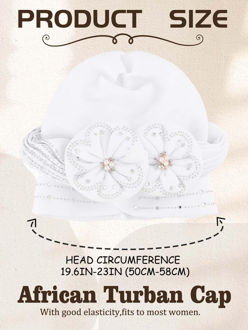Woeoe African Head Wraps White Flower Turban Rhinestone Headwear for Women - Image 2