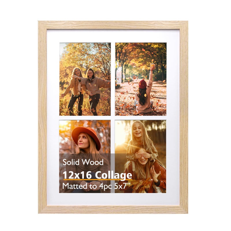 KINLINK 12x16 Collage Picture Frame Natural Solid Wood Frame with Acrylic Plexiglass for 11x14 Photos or Four 5x7 Photos with Mat Wall Display Photo Frame 1 Pack
