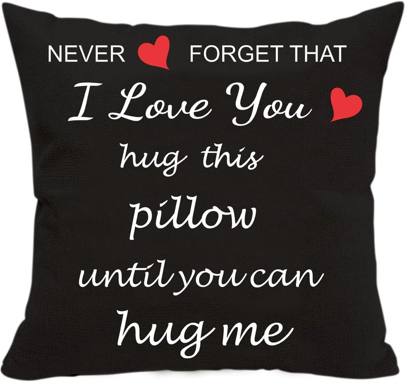 Anrkets Two Sided Printing Lover Pillow Cover I Love You Hug This Pillow Until You Can Hug Me Valentines Day Birthday Gifts for Girlfriend Cotton Linen Square Decorative Waist Pillowcase 18x 18