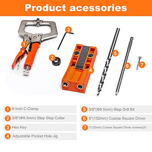 TBVHOMM Pocket Hole Jig System Kit, Pocket Screw Jig with 11 Inch Clamp, Square Driver Bit, Hex Wrench, Depth Stop Collar, Step Drill Bit, Coarse Square Driver Screws, All In One for Joinery Work - Image 5