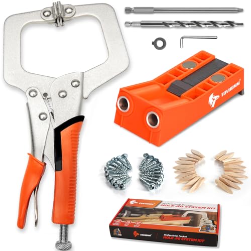 TBVHOMM Pocket Hole Jig System Kit, Pocket Screw Jig with 11 Inch Clamp, Square Driver Bit, Hex Wrench, Depth Stop Collar, Step Drill Bit, Coarse Square Driver Screws, All In One for Joinery Work - Image 1