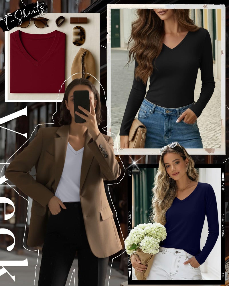 Huukeay 4 Pack Women's V Neck Long Sleeve T Shirts Basic Tops Casual Fall Loose Fit Blouse Tee Clothes Fashionable Outfits(Black, White, Navy Blue, Wine Red,Medium) - Image 5