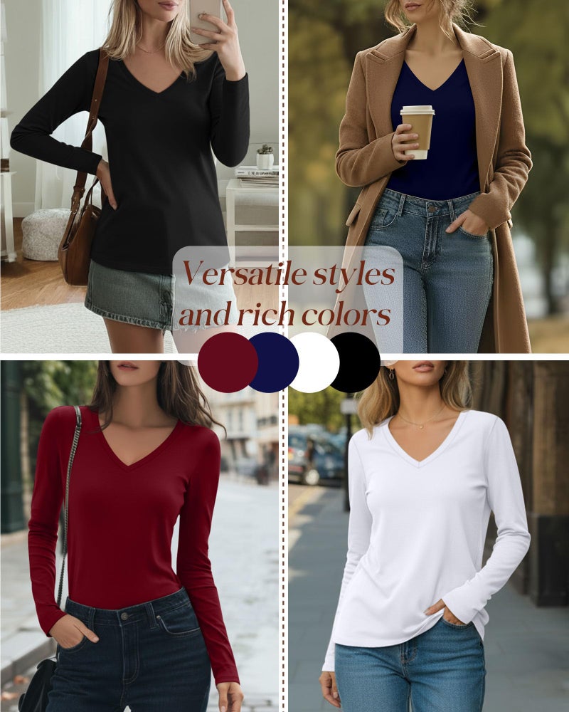 Huukeay 4 Pack Women's V Neck Long Sleeve T Shirts Basic Tops Casual Fall Loose Fit Blouse Tee Clothes Fashionable Outfits(Black, White, Navy Blue, Wine Red,Medium) - Image 2